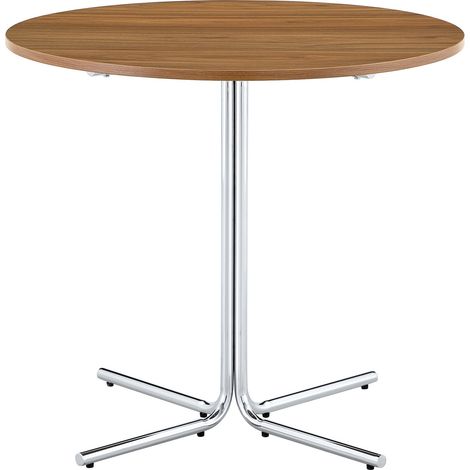 Tavolino rotondo moderno con piano in MDF effetto noce e base metallica cromata a 3 gambe (1/5)