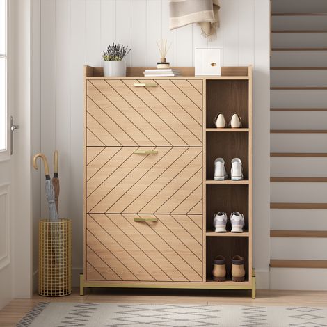 Meuble à Chaussures 120 cm Finition Chêne - 3 Abattants et Étagères Latérales - Gain de Place & Rangement Ouvert - Scandinave, Naturel (1/5)