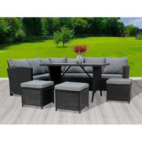 BIRCHTREE Rattan Furniture Set Sofa Chair Foot Stool Table Glass Coffee Table 9 Seater Cushion Outdoor Patio RFS04 Black (1/5)