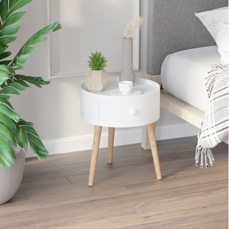Table basse ronde avec tiroir 38 x 38 x 45 cm blanche, en bois, OKMYHOME (1/5)