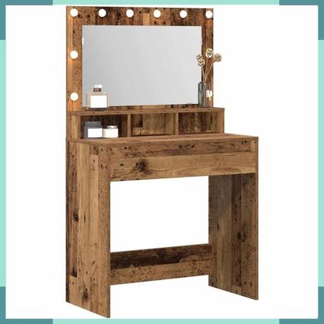 Coiffeuse - 865116 - Bois ancien - Miroir éclairé (USB) - Rangement avec étagères (1/5)