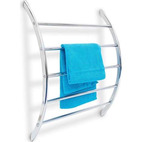 Relaxdays Wall Towel Holder Chromed Steel with 5 Rails 70 x 56.5 x 15.5 cm, Bathroom Rack for Bath & Swimwear Modern Metallic Look - Silver