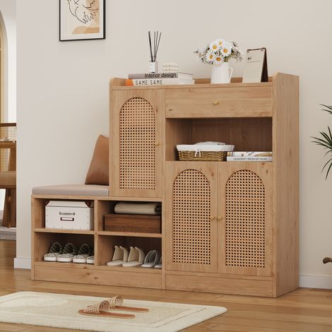 Armadio Porta Scarpe con 4 Scomparti Aperti, 1 Cassetto e Panca Imbottita, per Ingresso, 142×35×110 cm (1/5)