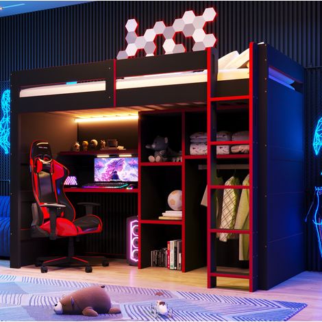 Lit mezzanine 90x200 cm noir/rouge avec bureau, penderie ouverte, LED et port USB (1/5)