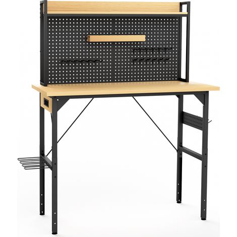 Établi réglable de 120 cm avec panneau perforé, établi en bois robuste avec roulettes, capacité de charge 700 kg, établi roulant avec prise AC/USB, crochets, étagère, pour garage, atelier, bureau, mai