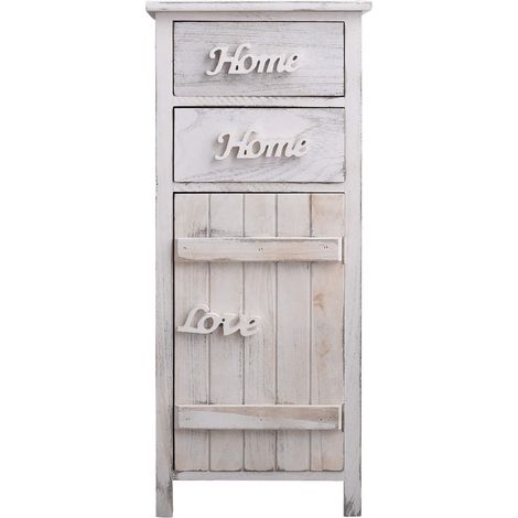 Mobili Rebecca – Meuble d'appoint chevet 1 porte 2 tiroirs blanc shabby – Dimensions 84x37x30 cm – Bois de Paulownia – Rangement polyvalent