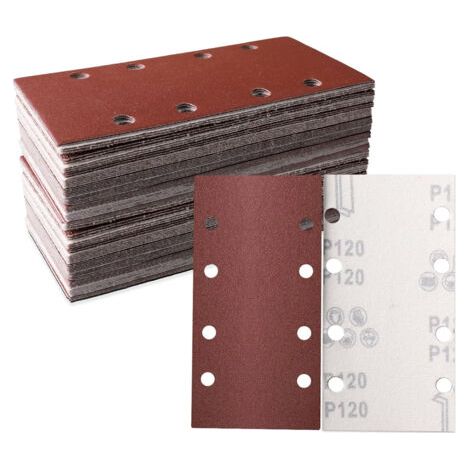 Lot de 60 feuilles abrasives 83 x 185 mm,Papier abrasif carré auto,agrippant 8 trous Grain 120,Idéal pour le ponçage, le polissage et l'élimination de la rouille (1/5)