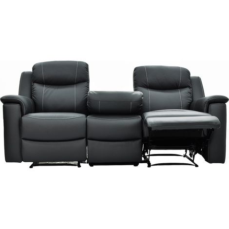 Vente-Unique – Canapé relax 3 places et 2 places en cuir de vachette gris – Mécanisme relax manuel – Plateau bar intégré – Structure en bois massif