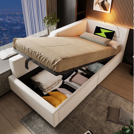 Lit de jour en velours beige 90x190 cm avec rangement hydraulique, sommier à lattes, liseuse et port USB-C (1/5)