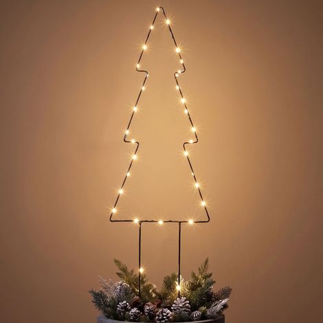 Metall Tanne Gartenstecker schwarz 50 LED mit Timer - 60 cm - Weihnachts Beetstecker warm weiß beleuchtet batteriebetrieben mit Erdspieß