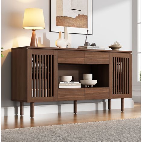 MODFU – Aparador 140x35x71 cm de MDF con 4 cajones y 2 puertas de listones, 5 patas de madera y carga 70 kg – Nogal (1/5)