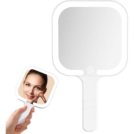 Miroir à Main avec Poignée, Miroir de Maquillage Lumineux Portable, Interrupteur Tactile, 3 Couleurs Claires, pour la Coiffure (Carré) (1/5)