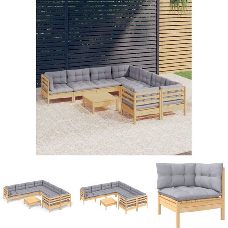 The Living Store -  9-tlg. Garten-Lounge-Set mit Grauen Kissen Kiefernholz (1/5)