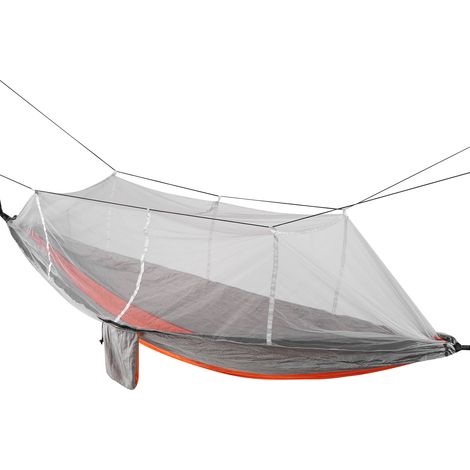 Hamac de camping simple ou double avec moustiquaire, portable et léger, à fixer aux arbres, orange et gris, maille grise. (1/5)