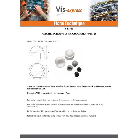 Cache Ecrou ou cache tête vis Tête hexagonale TH M8 Polyéthylène blanc Sur plat 13 - 10 pièces (1/2)