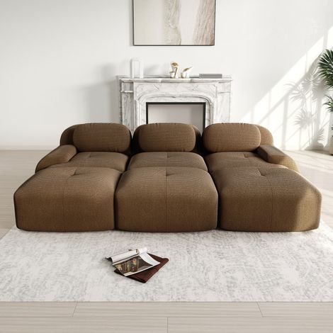 Canapé modulaire 3 places en velours côtelé, 3 poufs, sans montage, marron