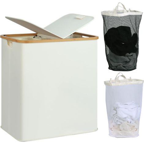 Wäschekorb mit Deckel und 2 Fächern, 140L, Beige (1/5)