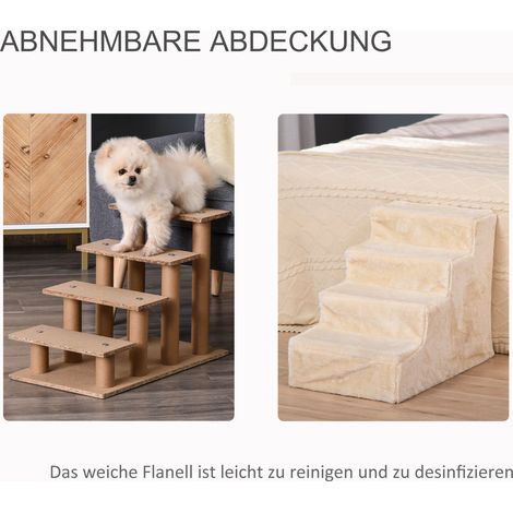 Marchepied pour animal 4 marches, hauteur 35 cm, pour accéder au lit et canapé, adapté aux chiens et chats jusqu'à 5 kg, revêtement en peluche, couleur beige.