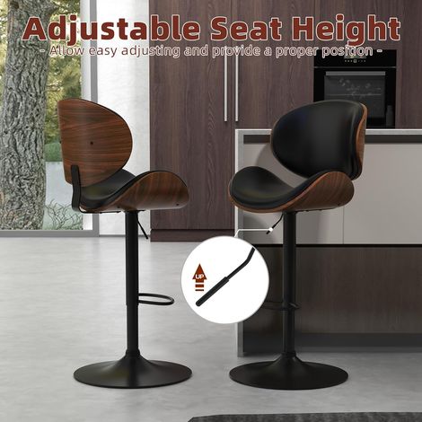 Lot de 2 tabourets de bar – 360° pivotants, réglables en hauteur, bois et similicuir, dossier ergonomique, repose‑pieds – Pour îlot de cuisine ou comptoir, noir (1/5)