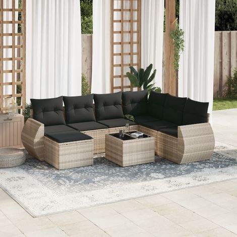 Salon de jardin 8 pièces en résine tressée avec table verre trempé, coussins gris, sièges avec rangement, 110 kg par siège (1/3)