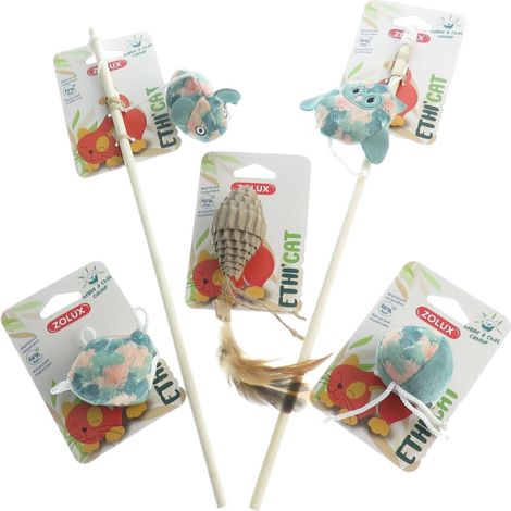 2 cannes à pêche tissu feuille vert et 3 jouets , jouet pour chat - animallparadise (1/2)