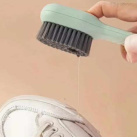 1 pièce Brosse à chaussures avec support pour liquide, brosse à chaussures multifonctionnelle, brosse de lavage pour chaussures domestique, brosse de nettoyage à pression manche longue, outils à