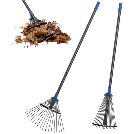 Râteau à feuilles de jardin, 18 dents en métal avec tête réglable de 25 à 45 cm, râteau à gazon avec poignée ergonomique de 210 cm pour une collecte sans effort des feuilles, nettoyage des (1/5)