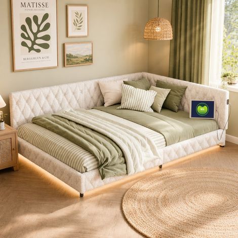 lit double 140x200 beige avec sommier, lit banquette Rembourré en velours avec LED et USB, cadre métal (1/5)
