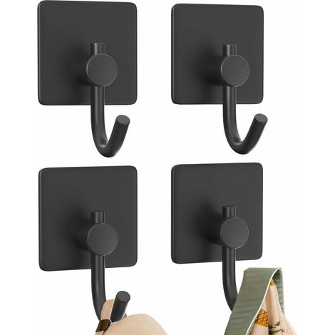 Lot de 4 crochets auto-adhésifs, crochets auto-adhésifs robustes pour portes et murs, crochets pour salle de bain, cuisine et couloir, crochets adhésifs noirs, crochets pour vêtements, crochets (1/5)