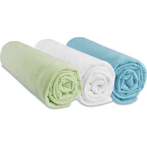 Lot de 3 draps housse jersey 100% coton extensible – Dimensions 70x160 cm – Certifié Oeko-Tex – Fabrication Union Européenne – (1/5)