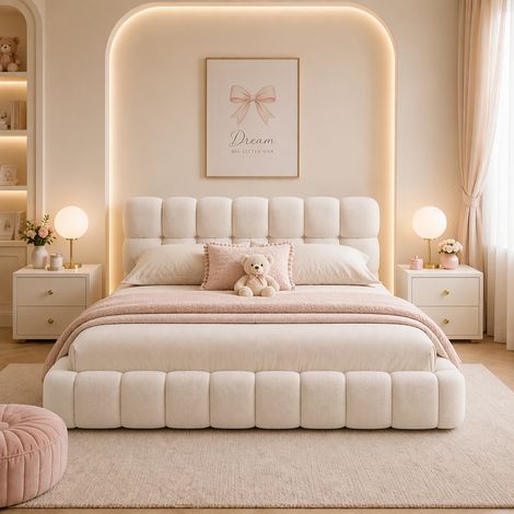 Lit double rembourré 140x200 cm avec sommier, Lit Bubble avec dossier moelleux,lit plat avec bordure, lin beige