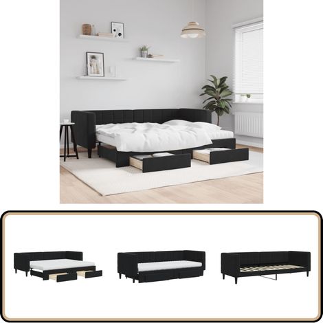 Tagesbett Ausziehbar mit Schubladen Schwarz 80x200 cm Samt - Schlafcouch - Sofa Bett - Gästebett - Ausziehbares Bett - Tagesbett