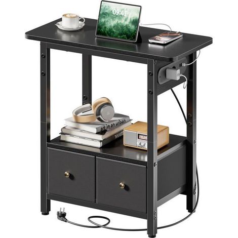 Mesita de noche - EcoFurnix - 2 cajones de tela - 2 tomas de corriente y puertos USB - 60 x 30 x 60 cm - Negro (1/5)