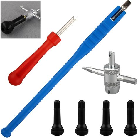 7PCS Outils pour Valves Pneu Voiture, Demonte Obus Valve Set avec Démontre Obus Clé de Valve 4 en 1 Extracteur Double Tête et 4 Valves Tubeless TR414, pour Auto Moto Vélo (1/5)
