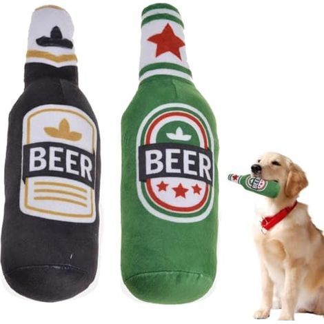 Set mit 2 weichen, quietschenden Plüsch-Hundespielzeugen in Form einer Bierflasche. Bierförmige Hundespielzeuge, quietschende Kauspielzeuge für kleine, mittlere und große Hunde. (1/5)