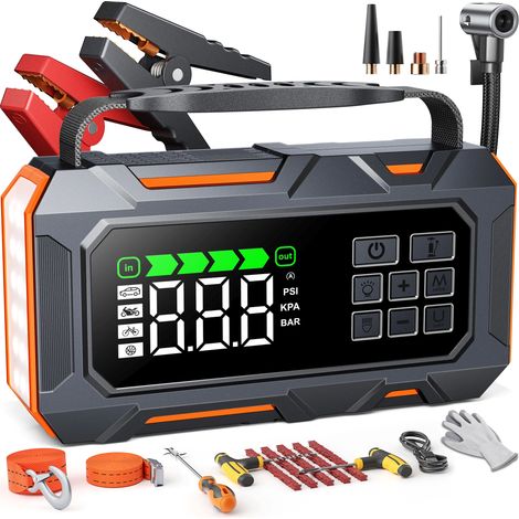 Buture – Booster batterie voiture 6000A – 26800mAh – Démarreur avec compresseur et kit d'urgence – Éclairage LED 600 lumens – Pour tous véhicules