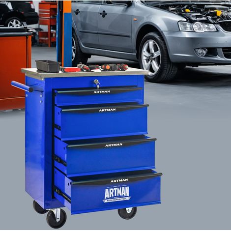 Carro de herramientas 62.5x34.5x78 cm, 4 cajones, con ruedas y cerradura, acero, negro y azul (1/5)