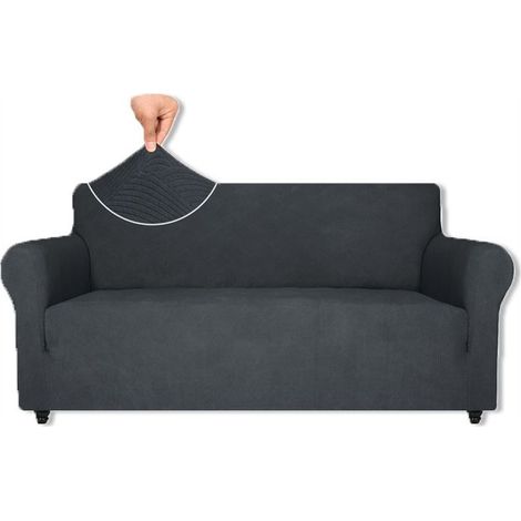 Housse de canapé en velours élastique 3 places – 85% polyester, 15% élasthanne – Lavable en machine – Gris foncé (1/5)