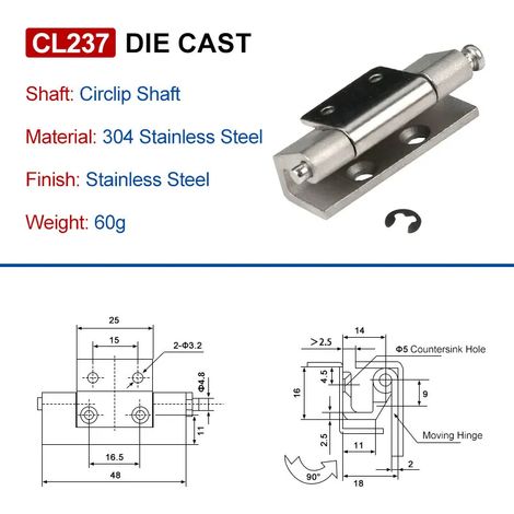 (CL237-304-YZX-KHG-6PCS)CL237 Charnière d'armoire pour porte d'armoire industrielle DB237, en acier inoxydable 304 moulé, type carte, soudée, invisible (1/5)