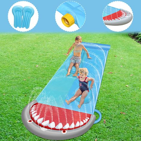 TolleTour Doppel-Wasserrutsche 550x145cm mit 2 Bodyboards, Sprinkler & Aufblasbarem Aufprallschutz, Faltbar für Garten & Rasen (1/5)