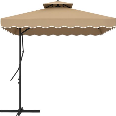 Parasol déporté carré pour jarden avec pied en croix, poignée, lambrequen, double toit, 243L x 243l x 251H cm, kaki