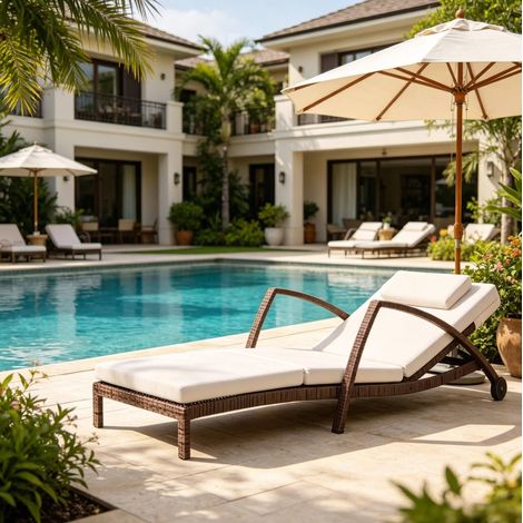 Lettino prendisole 185x72x78 cm in acciaio e polyrattan beige, reclinabile per terrazza (1/5)