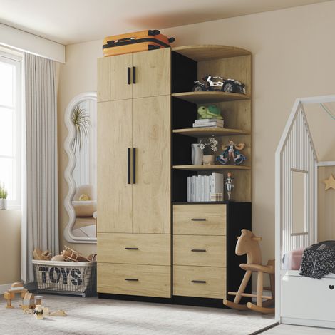 Armario ropero (110x40x186 cm), con barra para colgar, cinco cajones, almacenaje múltiple, madera engineered wood, natural y negro (1/5)