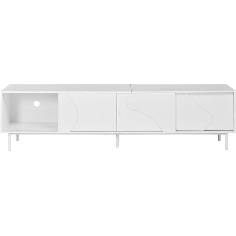 Meuble TV 180 cm en MDF blanc mat, 3 portes coulissantes sans poignée à motif incurvé embossé, éclairage LED piloté par application et pieds fins en acier (1/5)