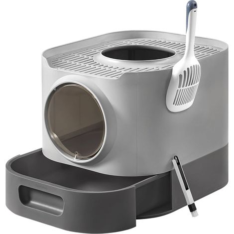 Bac à litière litière pour chat XXL avec couvercle plateau amovible pelle brosse espace pour grands chats moins de traces fond anti-fuite gris (1/5)