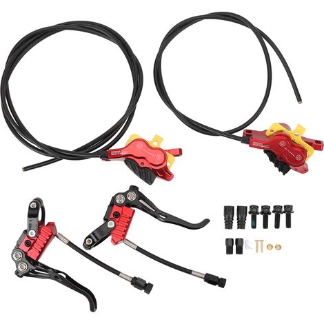 Hydraulische 4-Kolben-Scheibenbremsen aus CNC-gefräster Aluminiumlegierung für Mountainbikes (800 mm vorne und 1550 mm hinten), rot. (1/5)