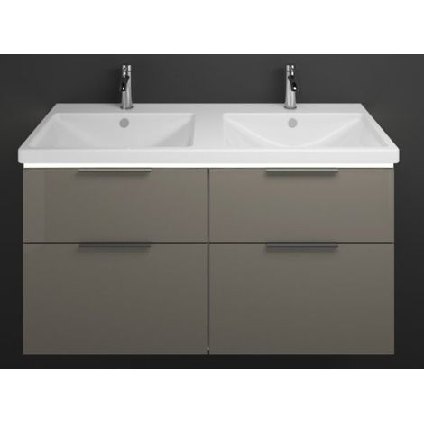 Burgbad Eqio Keramik-Doppelwaschtisch mit Unterschrank 123 cm, mit Mittelsteg, LED-Beleuchtung und 4 Grau Hochglanz/Alpinweiss Schwarz matt (1/2)
