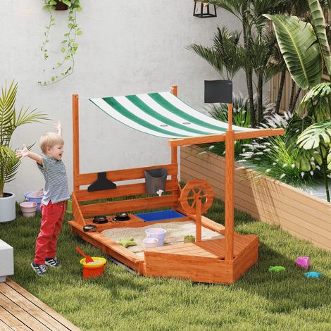Bac sable navire pirate canopée solaire jeu cuisine enfant bois massif 180x103x144,5cm, vert