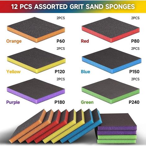 12PCS Éponges à poncer, 100 x 120mm 60/80/120/150/180/240 Grain Cale a Poncer Eponge Reutilisable Lavable pour Modèle de Construction Sèche, Métal, Bois, Meubles (1/5)