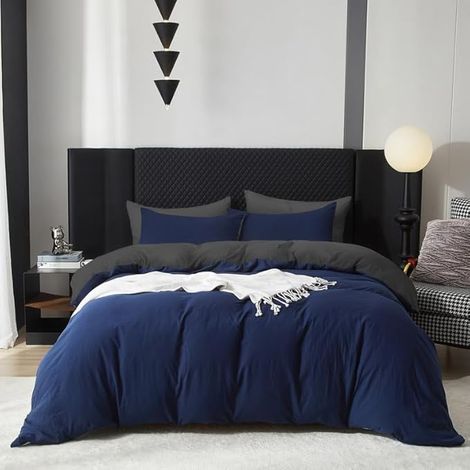 Coton Sets de Housse de Couette 220x240 cm Bleu Marine Parure de Lit Coton Plissé Adulte 2 Personnes Moderne Doux Linge de Lit avec 2 Taies d'oreiller 65x65cm avec Fermeture Éclair (1/5)